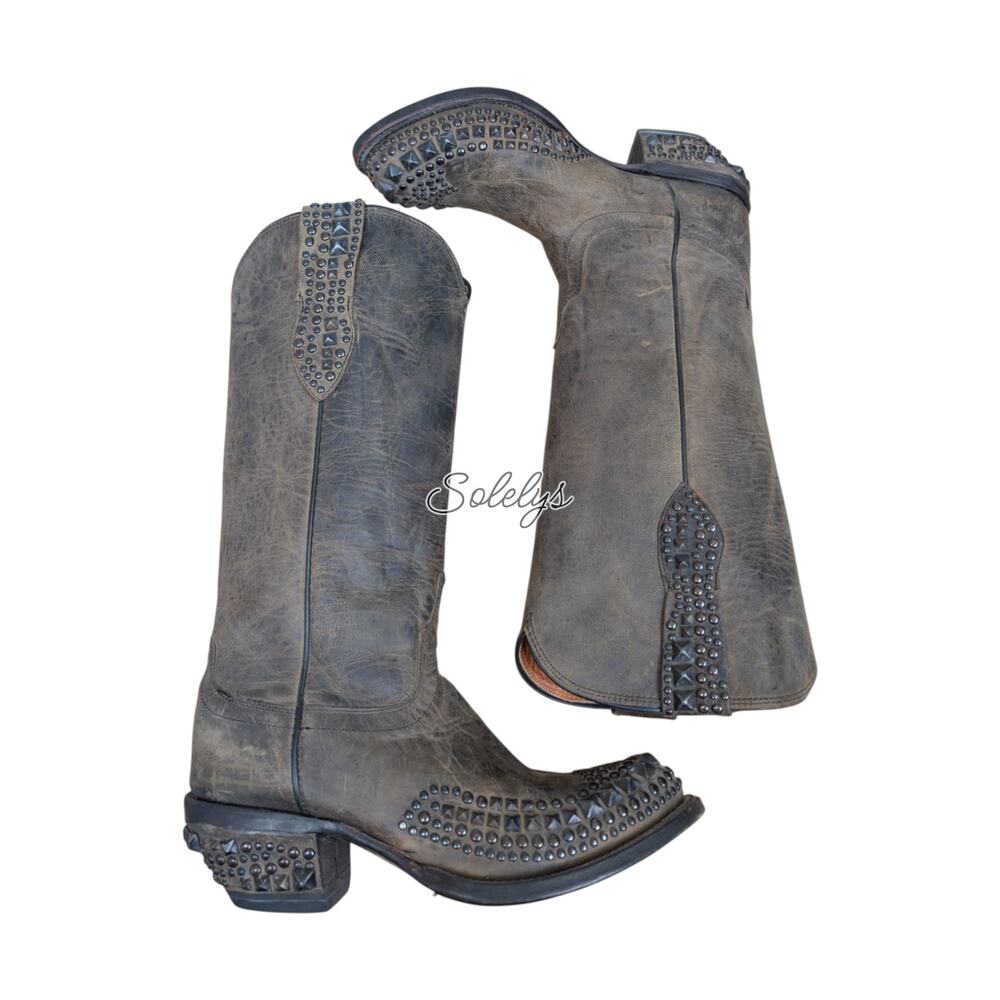 Lucchese RARE Mad Dog Wingtip Studded Grey Distressed Western Cowgirl Boots 7.5B - Picture 10 of 11